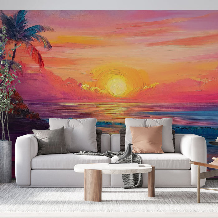 Tapetti auringonlasku | Elävä trooppinen maisema palmuineen ja värikkäine heijastuksineen