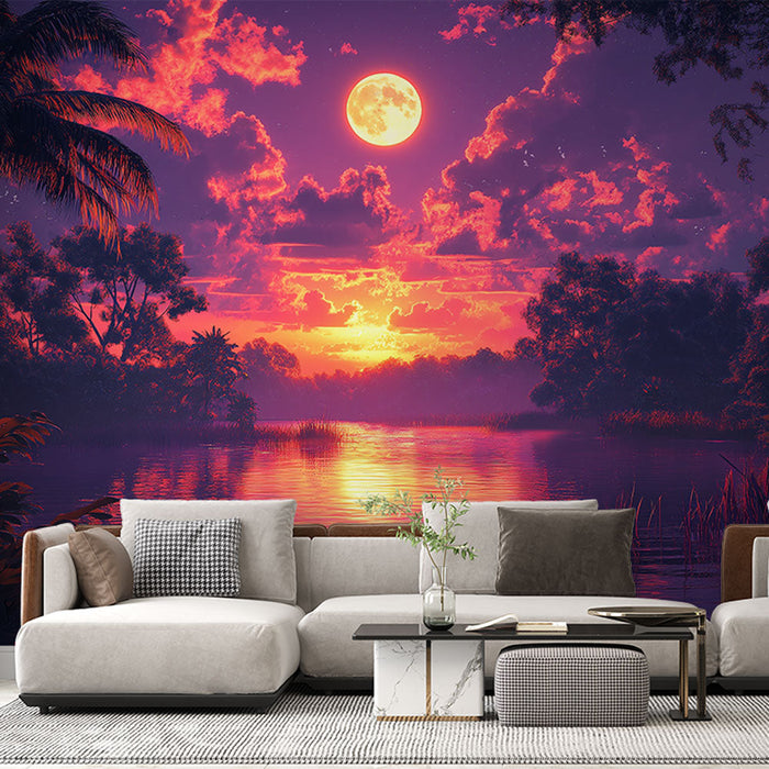 Carta da parati tramonto | Tonalità rosa e viola intorno a un lago sotto la luna piena