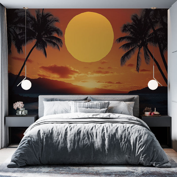 Carta da parati tramonto | Una rilassante scena tropicale con palme e un grande sole arancione