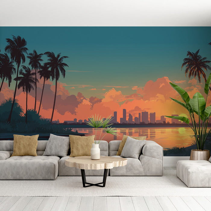 Fototapet by solnedgang i byen | Palmetre og horisontscene i skumringen