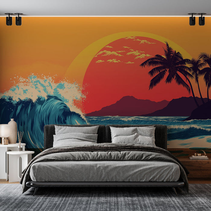Tapetti auringonlasku | Dynaamiset aallot palmuineen ja vuorineen taustalla