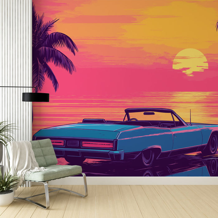 Mural Wallpaper sunset | Retro car under a blazing sky