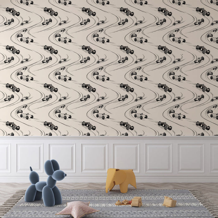 Tapete автомобилен курс | Динамични илюстрации на състезателен автомобил върху бежов фон