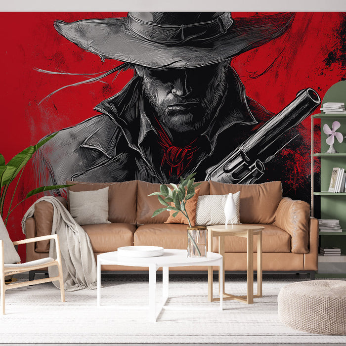 Foto Behang cowboy | Opvallende illustratie van een cowboy in rood en zwart