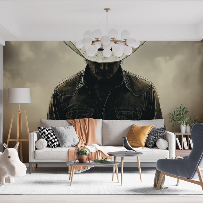 Фототапет каубой | Силует на каубой с бяла шапка на драматичен фон