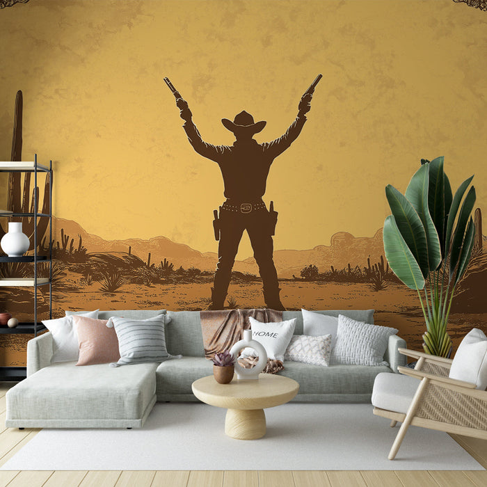 Tapet cowboy | Silhuet af en cowboy ved solnedgang i ørkenen