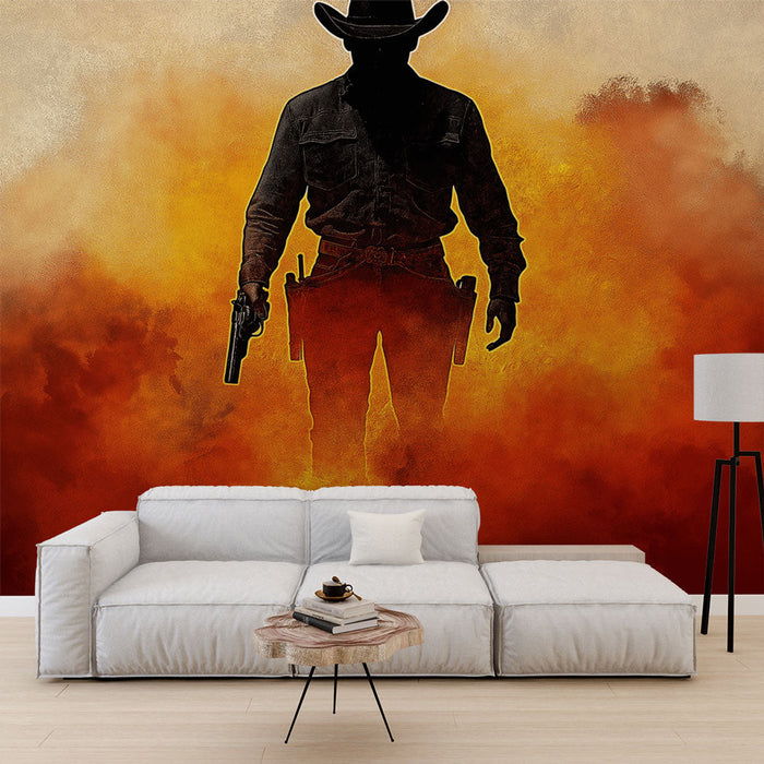 Тапет каубой | Силует на каубой в атмосфера на прах и огън