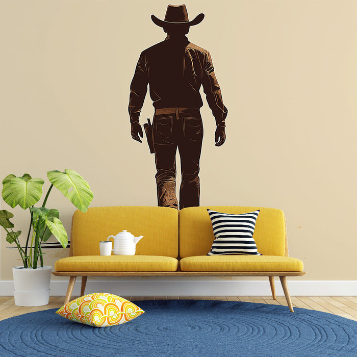 Tapeta kowboj | Sylwetka kowboja idącego na beżowym tle