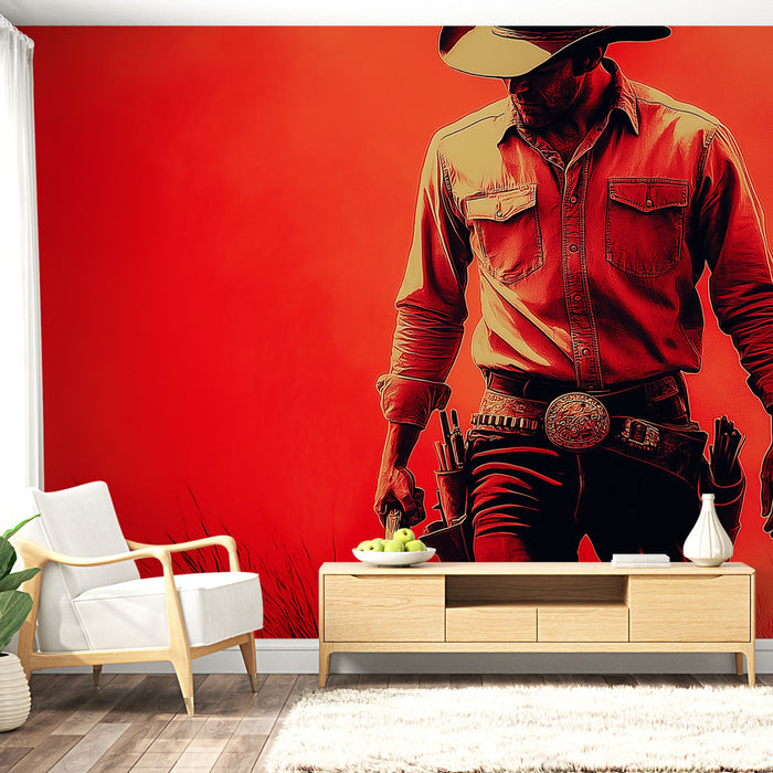 Фототапет каубой | Силует на каубой на яркочервен фон