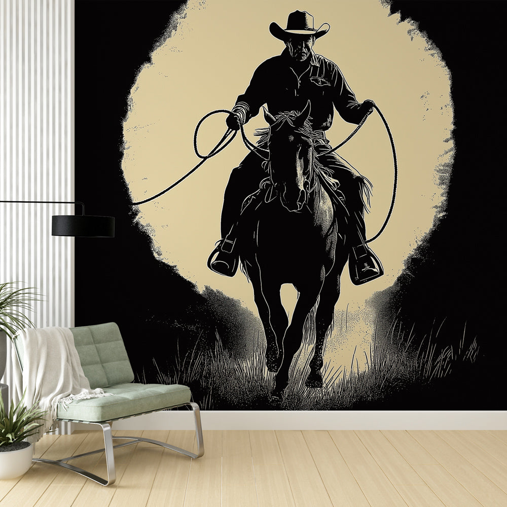 Tapete cowboy | Silhouette eines Cowboys auf seinem Pferd in einer Wes —  WonderMural, image size:1000x1000