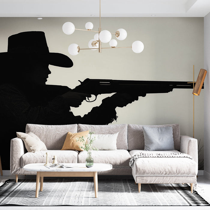 Tapet cowboy | Silueta unei cowgirl cu o pușcă la apus