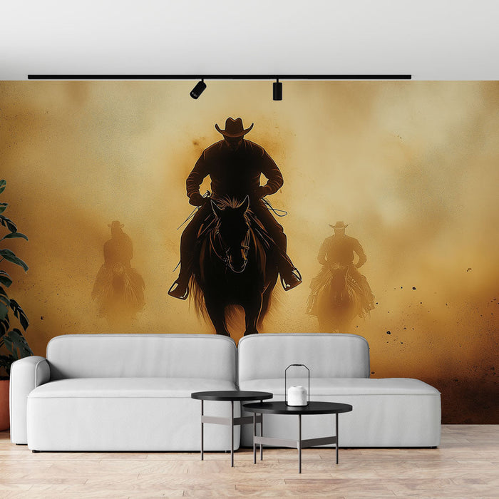 Tapet cowboy | Silhuetter af ryttere i en sky af gyldent støv