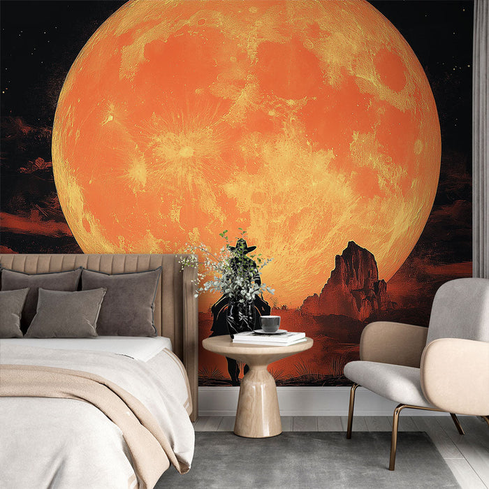 Фототапет каубой под луната | Силует на ездач срещу оранжева пълна луна