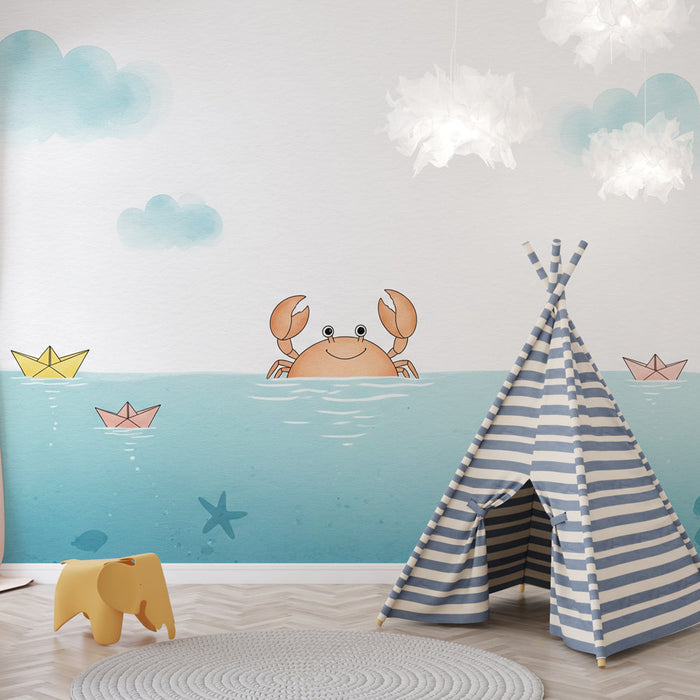 Fototapet krabbe og papirbåde | Smilende krabbe og farverige både