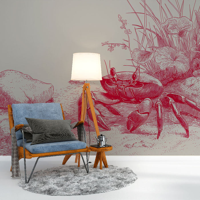 Тапет с мурал рак | Деликатна илюстрация на рак, заобиколен от камъни и водни растения