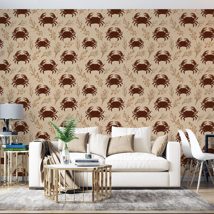 Fototapet krabbe | Brunt krabbe motiv på beige baggrund med delikate urter