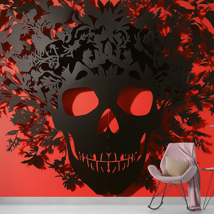 Carta da parati teschio | Motivo di teschi neri adornato con fogliame su sfondo rosso