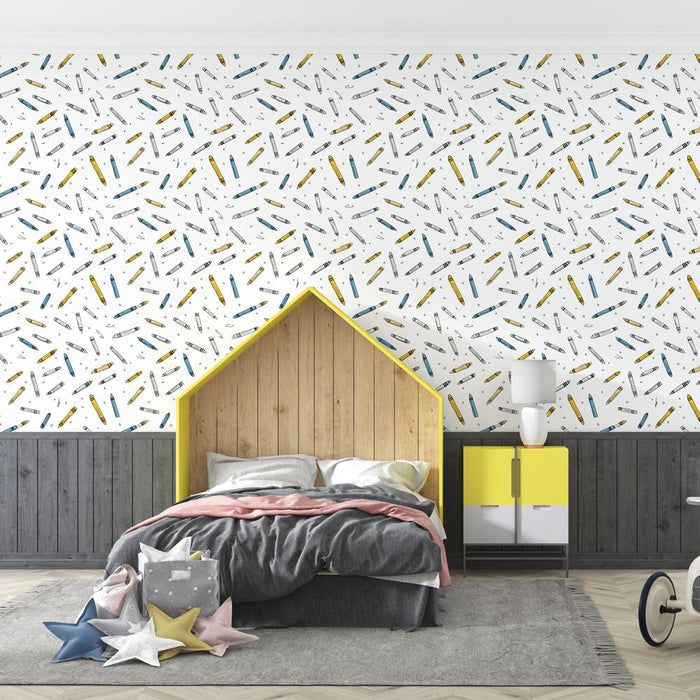 Fototapet fargerike blyanter | Lekent mønster av blyanter på hvit bakgrunn