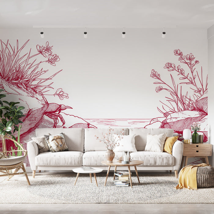 Carta da parati crostacei | Elementi marini illustrati con granchi e fiori selvatici