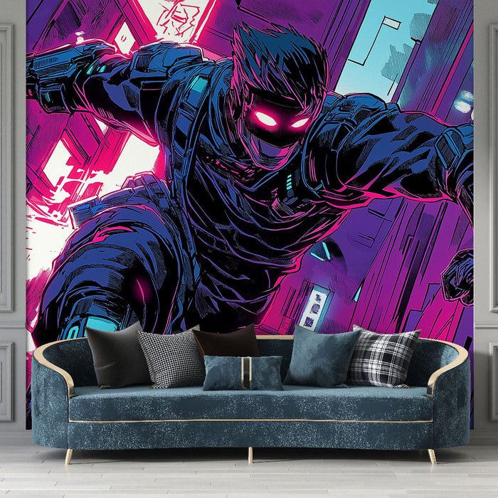 Tapete Cybernetic | Futuristischer Krieger in voller Bewegung in einer städtischen Umgebung