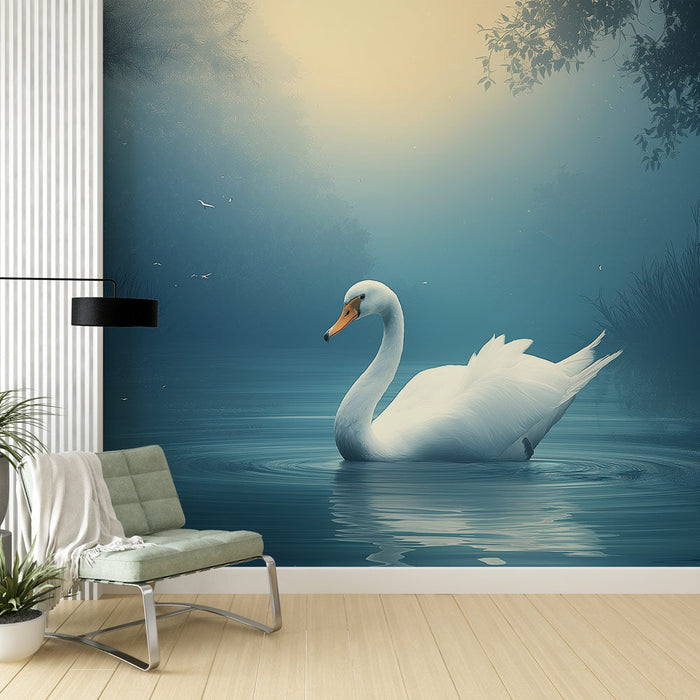 Fototapete Schwan | Majestätischer Schwan schwimmt in einer nebligen Atmosphäre