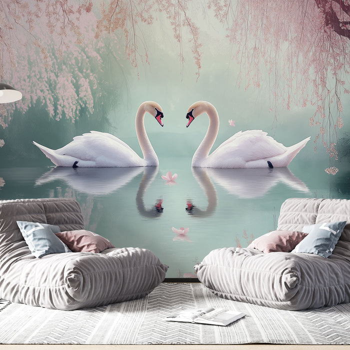 Fototapet svaner | Duo af elegante svaner ved kanten af en fredelig sø