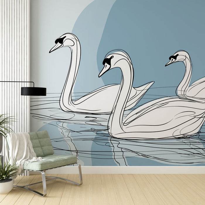 Fototapet κύκνοι | Κομψές σιλουέτες κύκνων σε μπλε φόντο