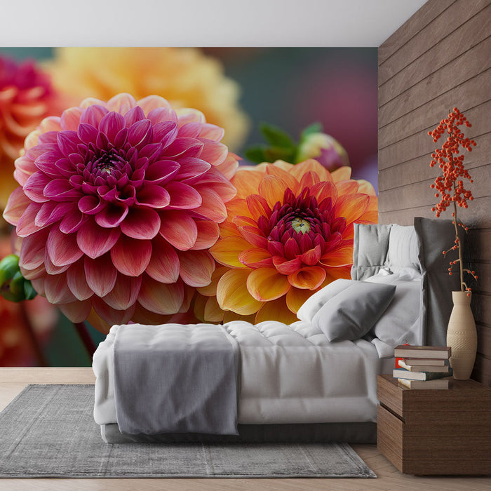 Mural Wallpaper dahlias | Bright dahlias with vibrant and warm shades