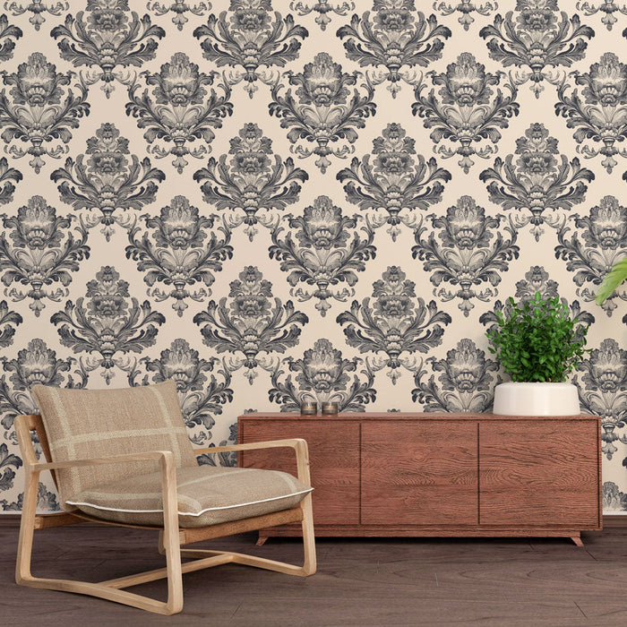 Carta da parati damascata | Elegante motivo floreale in nero e beige