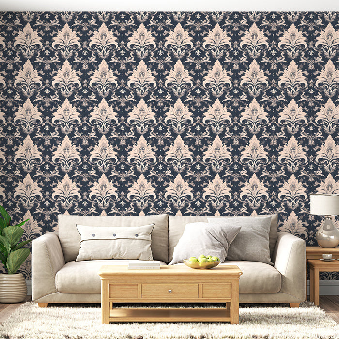 Ταπετσαρία Δαμασκηνού | Εκλεπτυσμένο λουλουδένιο σχέδιο σε μεσάνυχτα μπλε φόντο