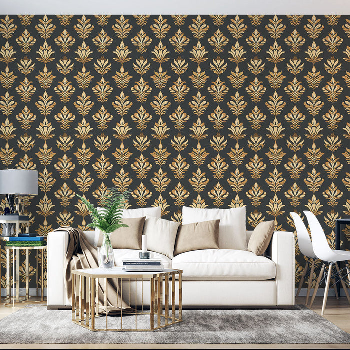 Papel de parede damasco | Motivos dourados em um fundo preto para uma elegância atemporal