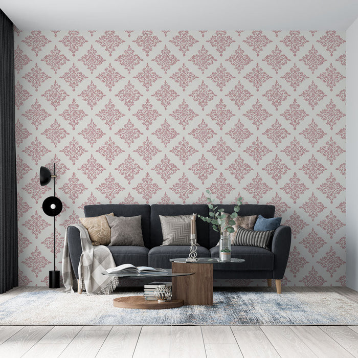 Fototapet damask | Delikata blommönster i rosa på ljus bakgrund