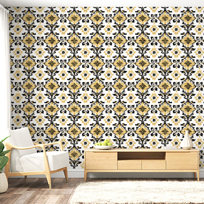 Tapeta damast | Zlaté a černé květinové vzory na bílém pozadí