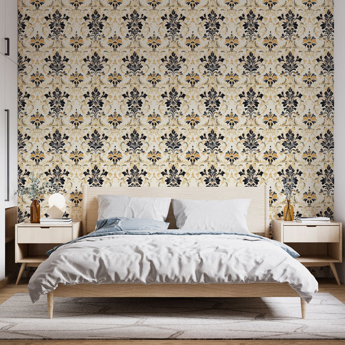 Fototapet damask | Sorte og gyldne blomstermønstre på en cremefarvet baggrund