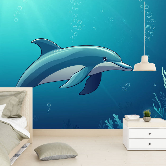 Tapeta delfín | Ilustrace delfína plavajícího v uklidňujícím modrém oceánu
