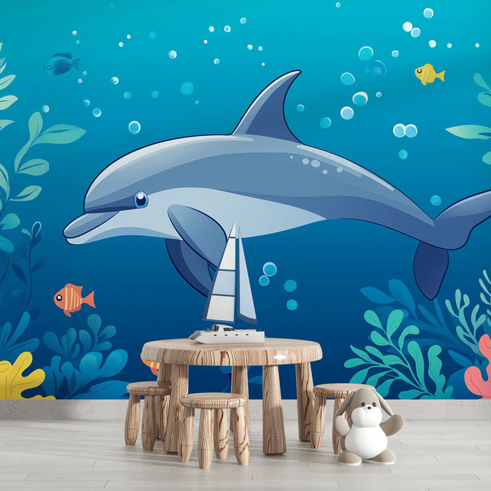 Tapetti delfiini | Värikäs merellinen kohtaus delfiinin ja elävien korallien kanssa