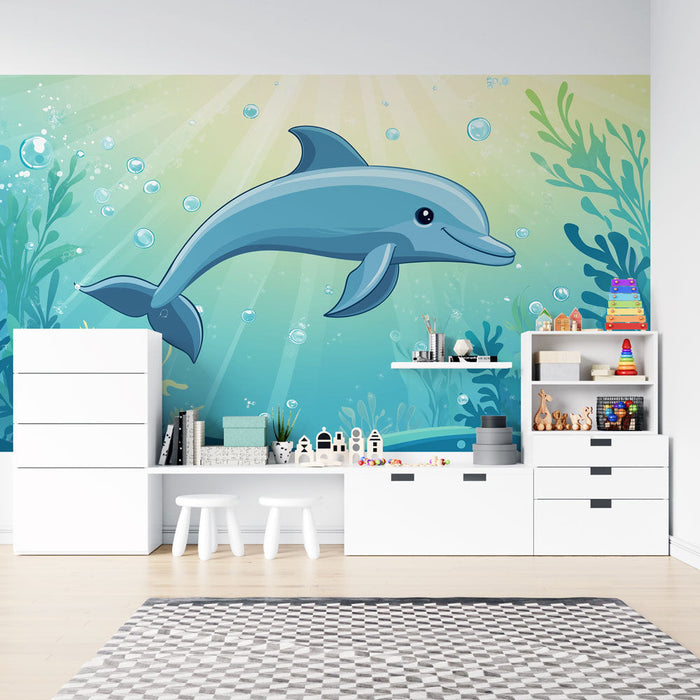Fototapet dolphin | En bedårende delfin i en fargerik maritim bakgrunn
