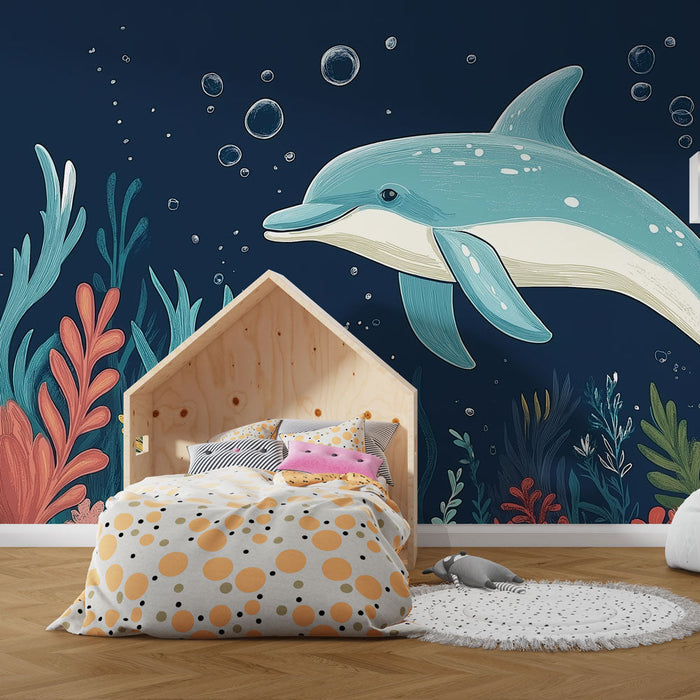 Tapeta delfín | Radostný delfín plavající mezi barevnými řasami