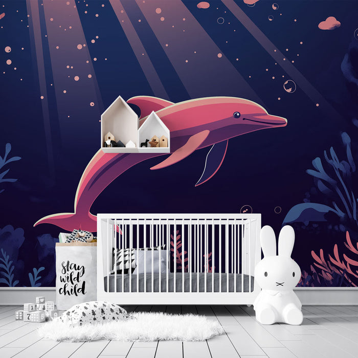 Papel pintado delfin | Un delfín rosa evolucionando en un fondo marino mágico