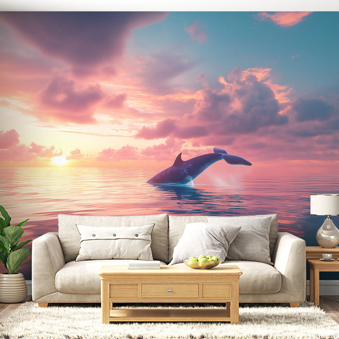 Falfestmény tapéta delfin | Egy csodálatos delfin ugrás egy pasztell naplementében