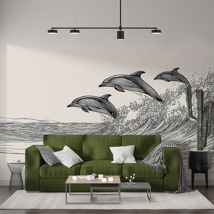 Carta da parati delfini | Disegno lineare di delfini che saltano sulle onde