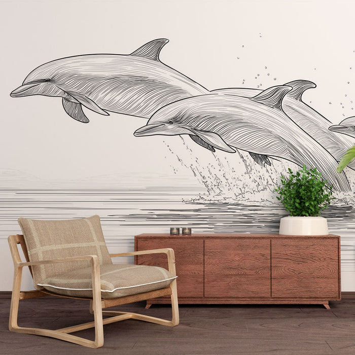 Carta da parati dauphins | Illustrazione stilizzata di delfini che saltano gioiosamente sopra l'acqua
