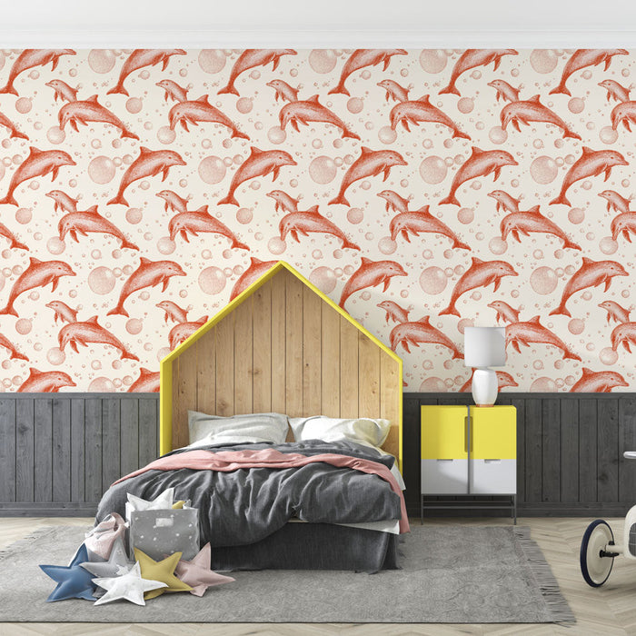 Tapetti delfiinit | Leikkisä delfiinien ja kuplien motiivi vaalealla taustalla