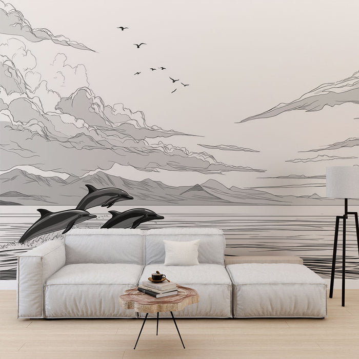Carta da parati delfini | Scena rilassante con delfini che saltano sopra le onde