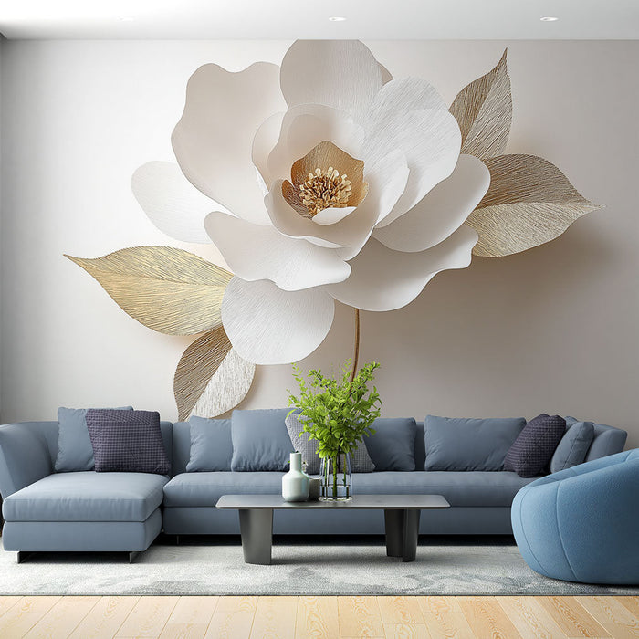 Seinakaunistus lilledega | Elegantne valge paberõis kuldsete lehtedega