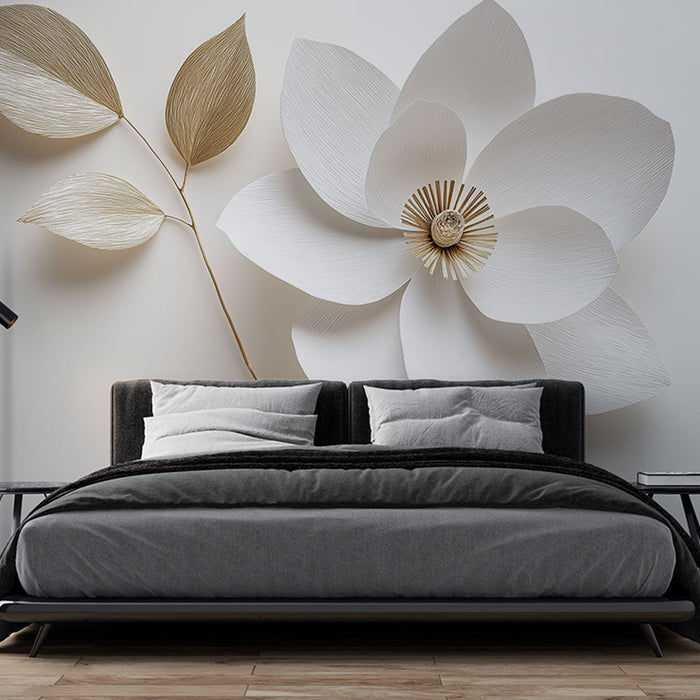 Fototapet veggdekorasjon blomst | Elegant hvit papirblomst og gyldne blader