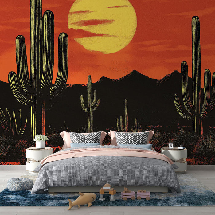 Mural Wallpaper desert | Cactus in silhouette under a vibrant setting sun