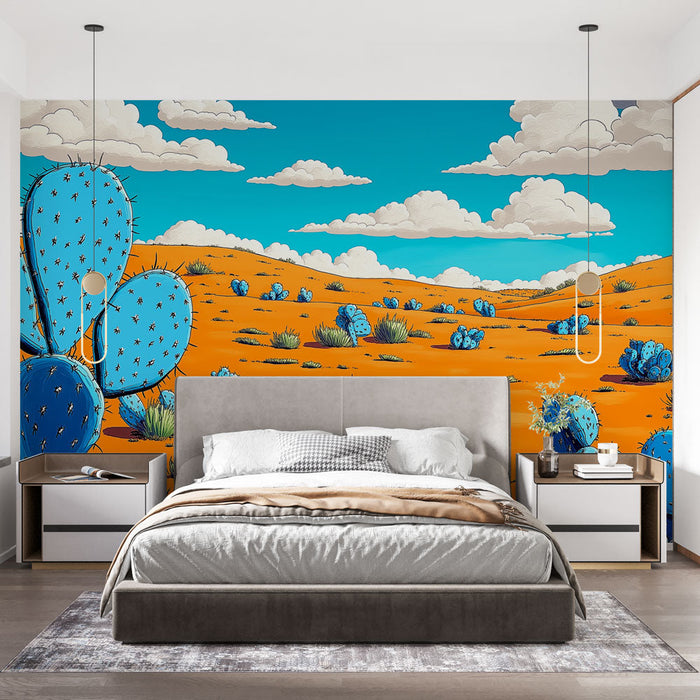 Mural Wallpaper Colorful Desert | Blue Cacti on Orange Background and Azure Sky