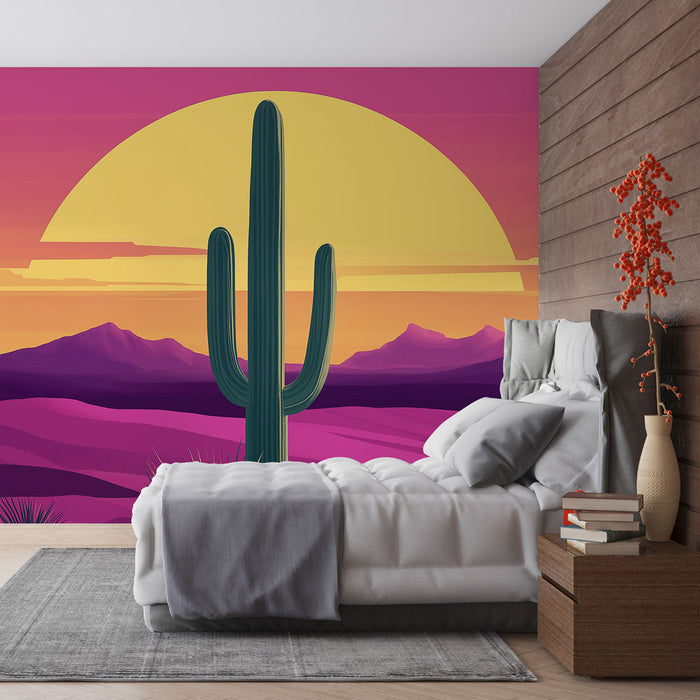 Carta da parati deserto colorato | Paesaggio stilizzato con cactus e tramonto vibrante