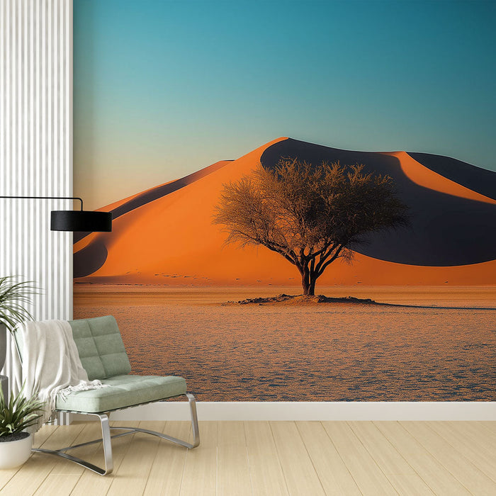 Papel pintado golden desert | Sand dunes and solitary tree at sunset